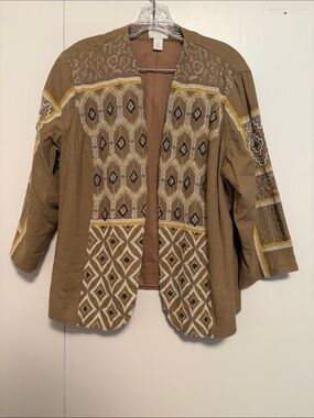 Chico's Olive Brown Embroidered Open-Front Jacket with Yellow Accents